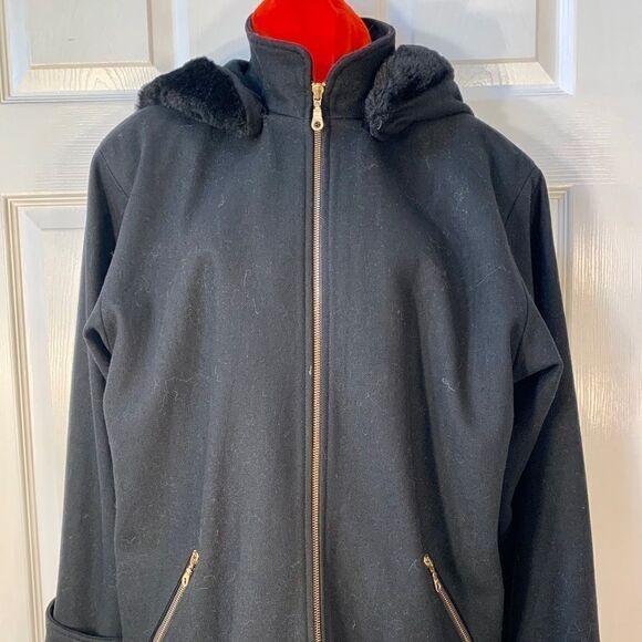 BLACK HERMAN KAY CAR COAT HOOD w FAUX FUR SIZE 8 - Picture 2 of 8